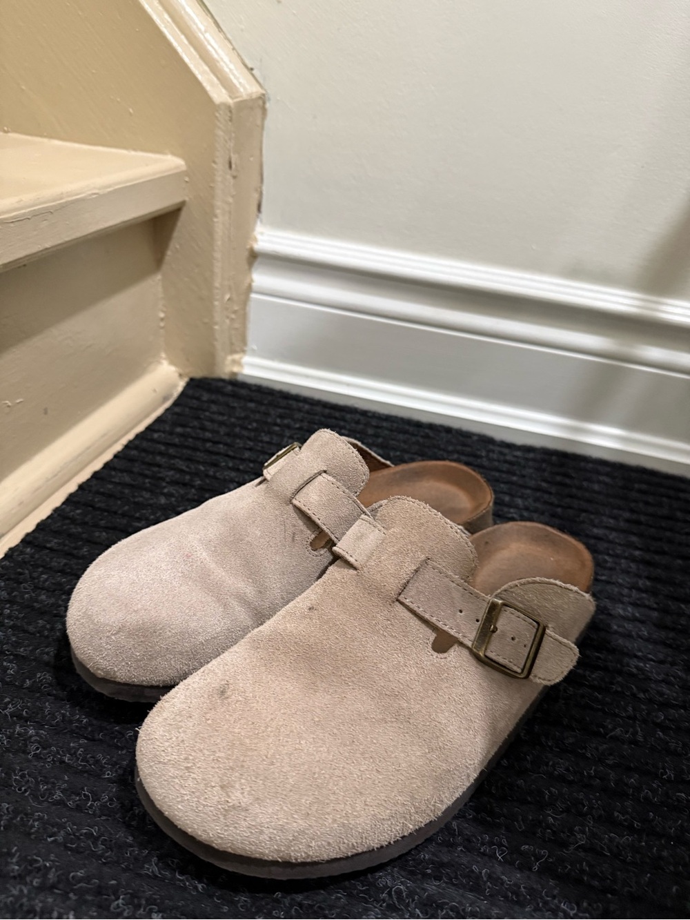 Beige Suede Slip-On Clogs with Buckle